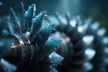 Poster - close up of a turbine with water droplets, highlighting its intricate design and materials, showcasi