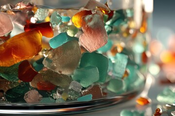 Poster - A close-up studio shot of colorful sea glass rocks in a transparent glass container, illuminated by soft lighting, showcasing their beauty and textural details.