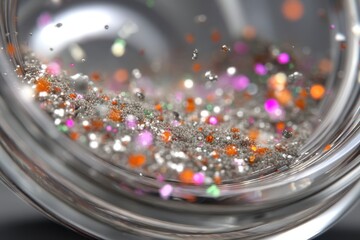 Poster - A mesmerizing close-up of colorful glitter and sparkles inside a glass container, showcasing an array of bright colors with a silver background, blurred and shiny.