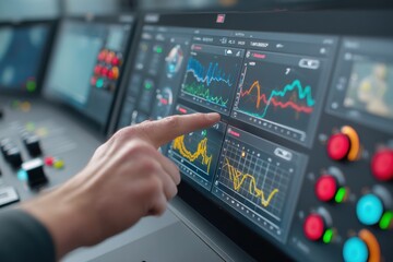 Poster - Close-up of a person's hand interacting with a control panel screen displaying various graphs, charts, and indicators, suggesting monitoring and data analysis on complex systems.