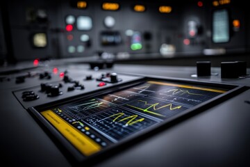 Poster - Close-up of complex control panel with screen displaying data charts, showcasing engineering precision and advanced technology in a modern industrial setting.