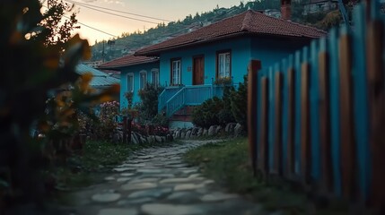 Poster - Blue house with a red roof and a white fence. The house is surrounded by a garden and a stone walkway