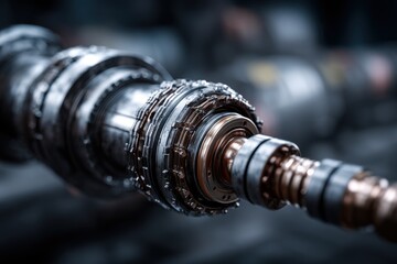 Poster - close-up of a complex, futuristic machine component with intricate details, showcasing engineering a