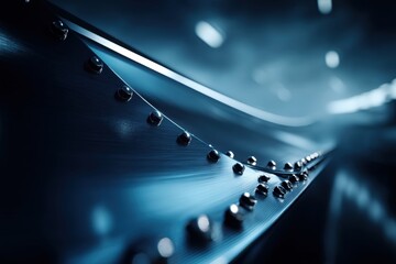  - Close-up of a shiny metal surface with rivets, featuring a smooth, sleek design and a cool blue tone, creating a modern and industrial aesthetic.