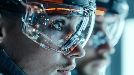 Poster - A futuristic image featuring a person wearing augmented reality glasses. Suggests use for training medical staff or advanced technology applications.
