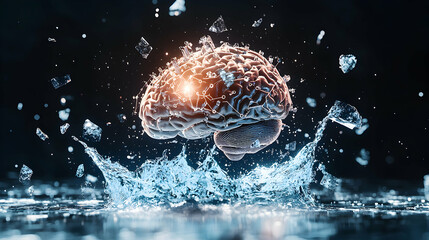 Poster - This artistic image depicts a brain surrounded by water and ice fragments possibly symbolizing ideas knowledge or breakthroughs. Ideal for neuroscience marketing.