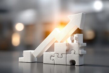 Poster - Growth shown by an arrow made of puzzle pieces pointing up and building higher, success business, upward movement, strategy and finance background, light.