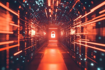Poster - Digital security padlock icon amidst abstract data processing in a virtual environment, Security padlock icon and data processing against glowing tunnel