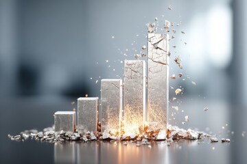 Poster - A conceptual representation of business growth showing an upward trend graph, with the highest bar shattering, symbolizing breakthrough success and achievement.