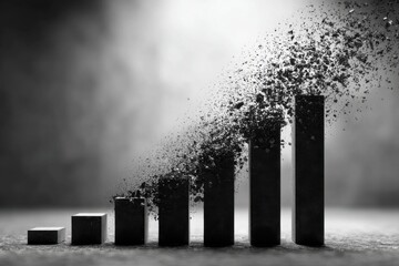 Aufkleber - The crumbling graph: A concept image depicting business decline and disruption with rising bar charts fragmenting into dust, representing market volatility.