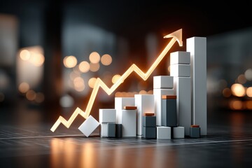 Poster - An abstract growth chart with a glowing upward trend line and block bar graph, against a blurry bokeh background, symbolizing financial growth and success.