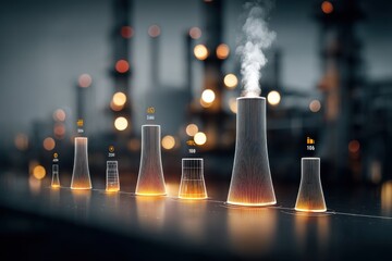 Poster - A futuristic concept of an industrial plant with glowing stacks emitting plumes, illustrating technological advancement and energy production in a stylized, modern setting.