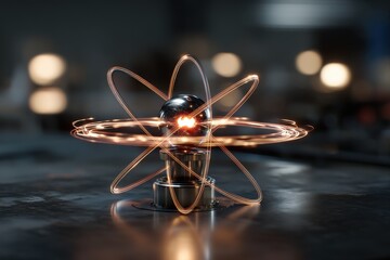 Poster - a symbolic representation of an atom featuring glowing trails, illustrating energy and power, showca