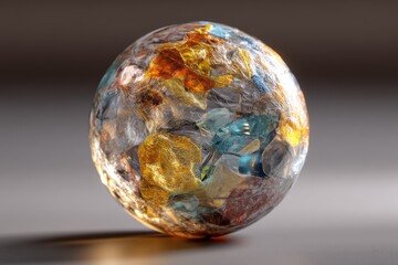 Poster - An abstract sphere made of crumpled, colorful plastic, creating an artistic effect, a striking studio shot on a gradient background, smooth surface, light reflection.