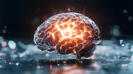 Poster - Digital brain concept shows glowing energy in the cerebral cortex. Ideal for AI technology neuroscience or future vision promotions.