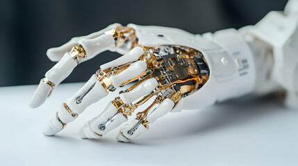 Poster - A detailed shot of a robotic hand featuring intricate mechanical components and white exterior with gold accents. Great for medical tech or future tech concepts.