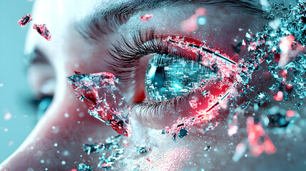 Poster - A cybernetic eye concept art with shattered glass and tech elements. Perfect for sci-fi book covers or digital art projects. Evokes a sense of future fusion.