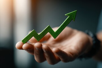 Poster - Hand holding a green arrow pointing upwards, representing growth and success, symbolizing positive business trends and investment opportunities for financial prosperity.