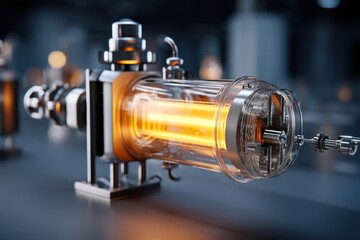 Poster - an abstract close-up of a modern industrial machine, showcasing intricate mechanisms and a glowing o