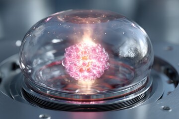 Poster - an experimental cell cluster inside a transparent dome, glowing with vibrant pink and orange hues, s