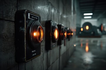 Poster - A row of industrial control panels with illuminated indicators on a concrete wall, creating a high-tech industrial ambiance, reflecting the technology and precision of modern manufacturing.