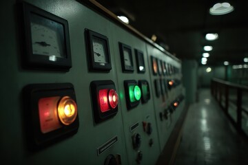 Poster - A detailed close-up of an industrial control panel with gauges and warning lights, revealing the complex technology and vital operations of a power plant.