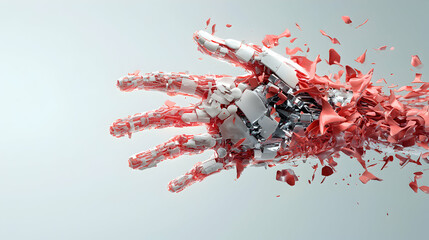 Leinwandbilder - A digital artwork depicting a hand disintegrating into fragments. Suggests themes of destruction transformation or the breakdown of technology. Suitable for tech or sci-fi designs.