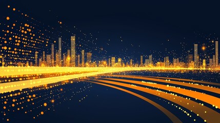 Aufkleber - City skyline with a bright orange glow. The city is lit up at night, creating a warm and inviting atmosphere. The bright lights of the city contrast with the dark blue sky