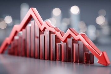 Aufkleber - A striking downward trend on a red graph with a series of declining bars, symbolizing financial loss and economic downturn with a blurry background and depth of field.