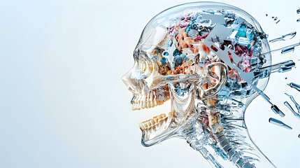 Poster - A translucent skull reveals intricate brain matter. Suggests scientific advancements mental exploration or AI insights. Depicts a complex blend of anatomy and technology.
