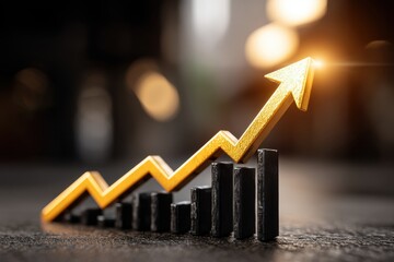 Poster - A golden arrow pointing upwards, showcasing business growth, against a blurred background, representing positive trends and financial success in a modern style