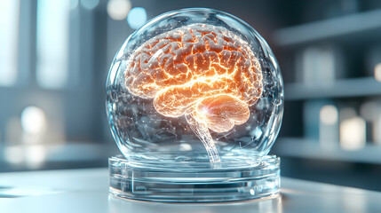 Poster - A glowing brain encased in glass. Suggests research or abstract concepts. Suitable for science articles or medical visualizations.