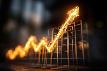 Poster - Abstract golden arrow rising up and through a wireframe grid, symbolizing growth, success and financial progress in business and investment strategies.