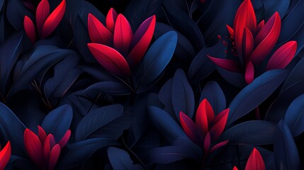 Poster - Close up of a bunch of red flowers with blue leaves. The flowers are in a dark background