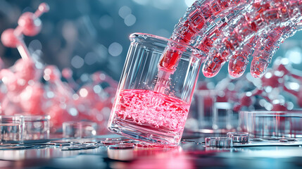 Poster - A robotic hand holds a beaker filled with glowing pink liquid in a futuristic lab environment. This image is ideal for science fiction or tech-related content.