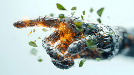 Leinwandbilder - A futuristic robotic hand interacts with organic leaves suggesting a blend of technology and nature. Perfect for AI art or tech related products