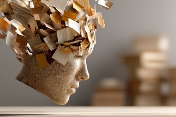 Poster - An abstract conceptual image of a human head filled with paperwork, representing thoughts, ideas, and knowledge, symbolizing overthinking and brain overload concept.