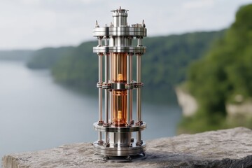 Poster - A complex scientific apparatus made of metal and glass, standing on a stone surface with a river and forest in the blurred background during daytime.