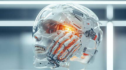 Poster - A futuristic cyborg head concept. It could be used for sci-fi art or promoting advanced technology. Explore the realms of transhumanism and cybernetics!