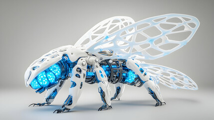 Poster - Futuristic robotic bee design showcasing advanced technology and glowing energy. Suggests applications in surveillance or pollination tasks in environments.