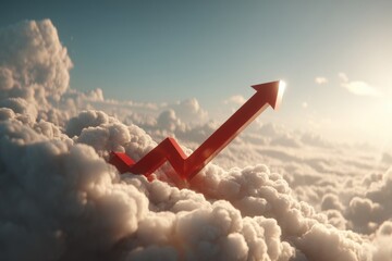 Poster - Rising above the clouds: An upward red arrow symbolizing success, growth, and progress, set against a backdrop of soft, billowing clouds and sky.