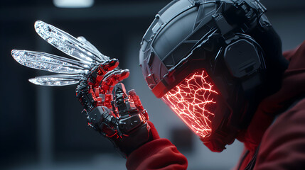 Poster - Futuristic cyborg design. Suggests advanced technology. Could be used in sci-fi games or concept art exploring cybernetic enhancements and augmented reality.