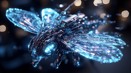 Leinwandbilder - A cybernetic bee glows with blue light. It appears to be a technological marvel possibly for research or artistic exploration. The image evokes futuristic themes.