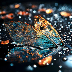 Poster - A close-up of delicate translucent wings sparkling with glowing lights. Suggests a mystical ethereal vibe. Great for fantasy themes or artistic projects.