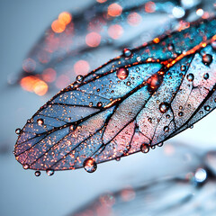 Poster - A macro image showcasing delicate translucent wing details adorned with glistening water droplets. Ideal for nature-themed art or elegant digital backgrounds.