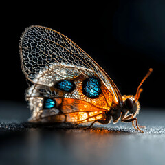 Poster - A stunning macro shot of a butterfly. Its wings feature intricate patterns and vivid colors against a dark backdrop. Great for nature and art projects