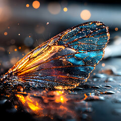 Poster - A shimmering butterfly wing in vibrant blue and gold. Use it as a captivating phone wallpaper or for fantasy art inspiration. Evokes wonder and beauty.