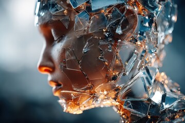 Poster - a conceptual art image showing a woman's face and body covered in broken glass shards, creating a fr