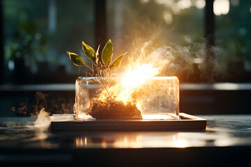 Poster - A surreal image shows a plant combusting under a glass cloche. Perhaps symbolizing environmental destruction or the energy of growth. Apply this to ecological themes or artistic expression.