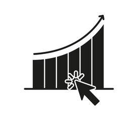 Poster - Bar Chart With Arrow And Cursor Solid Icon. Data Analysis, Growth Tracking, And Interactive Analytics Silhouette Symbol. Business Performance Monitoring. Isolated Vector Illustration